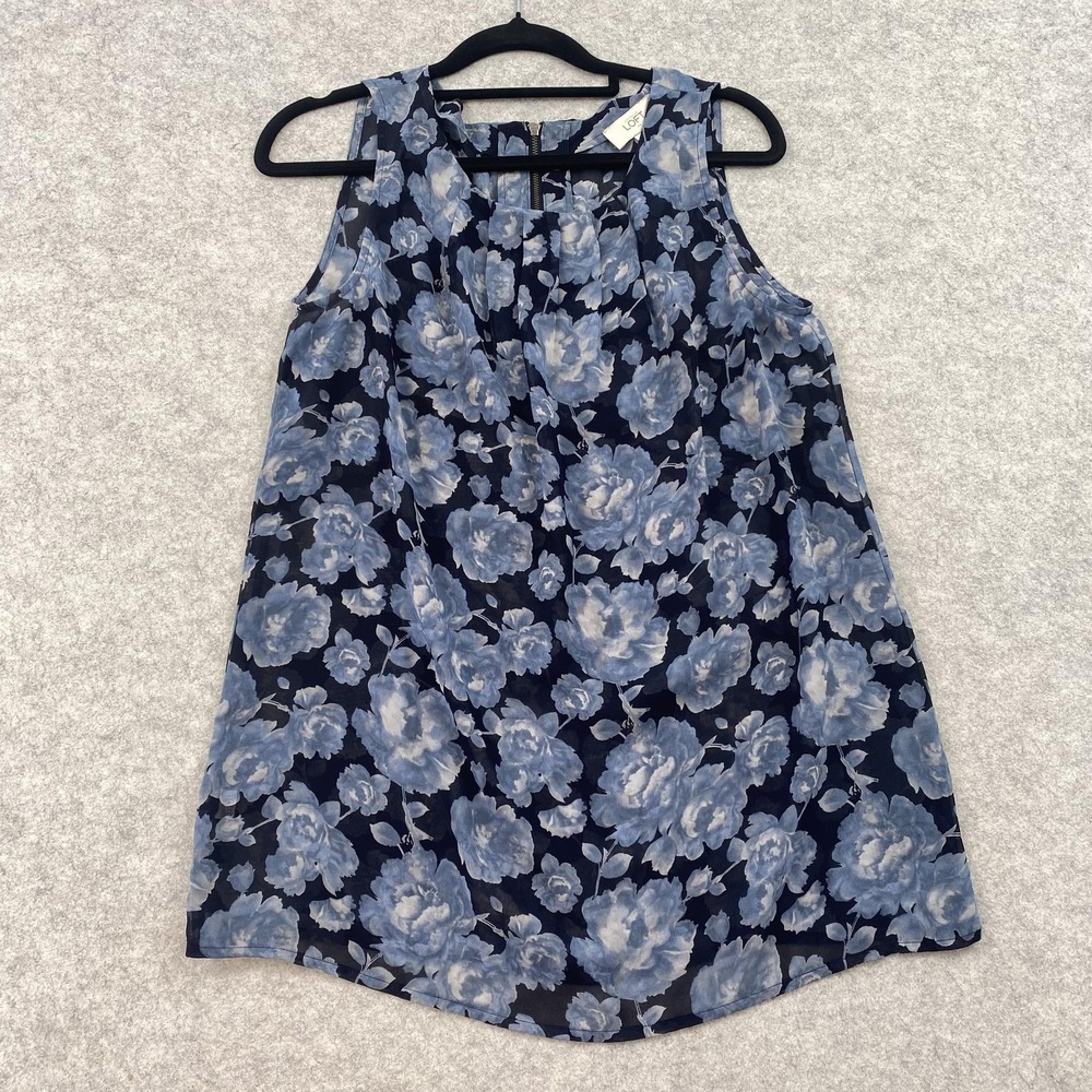 LOFT Top Womens S Blue Floral Chiffon Sleeveless Tunic Summer Casual Blouse